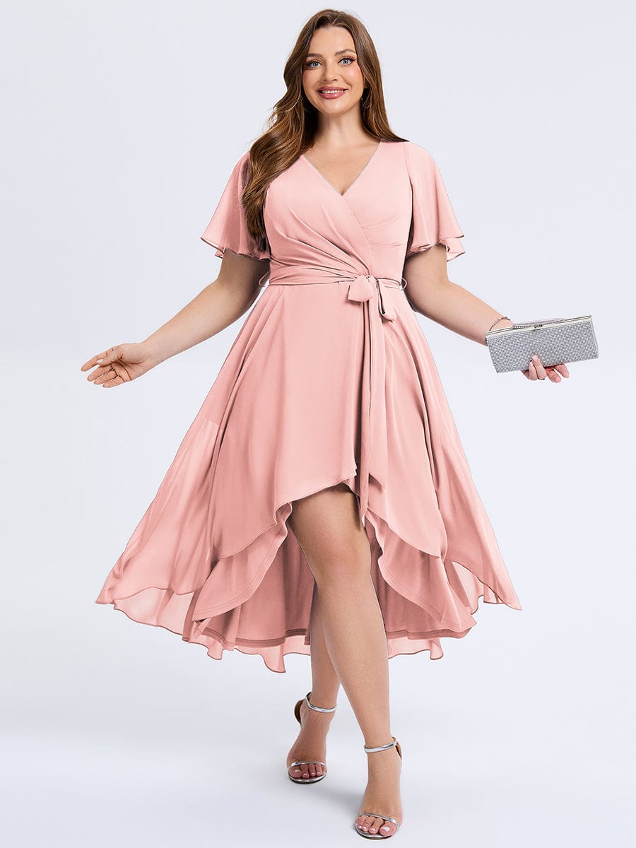 Robe d'invité de mariage trapèze en mousseline fluide à encolure ronde et longueur au genou #Couleur_Rose