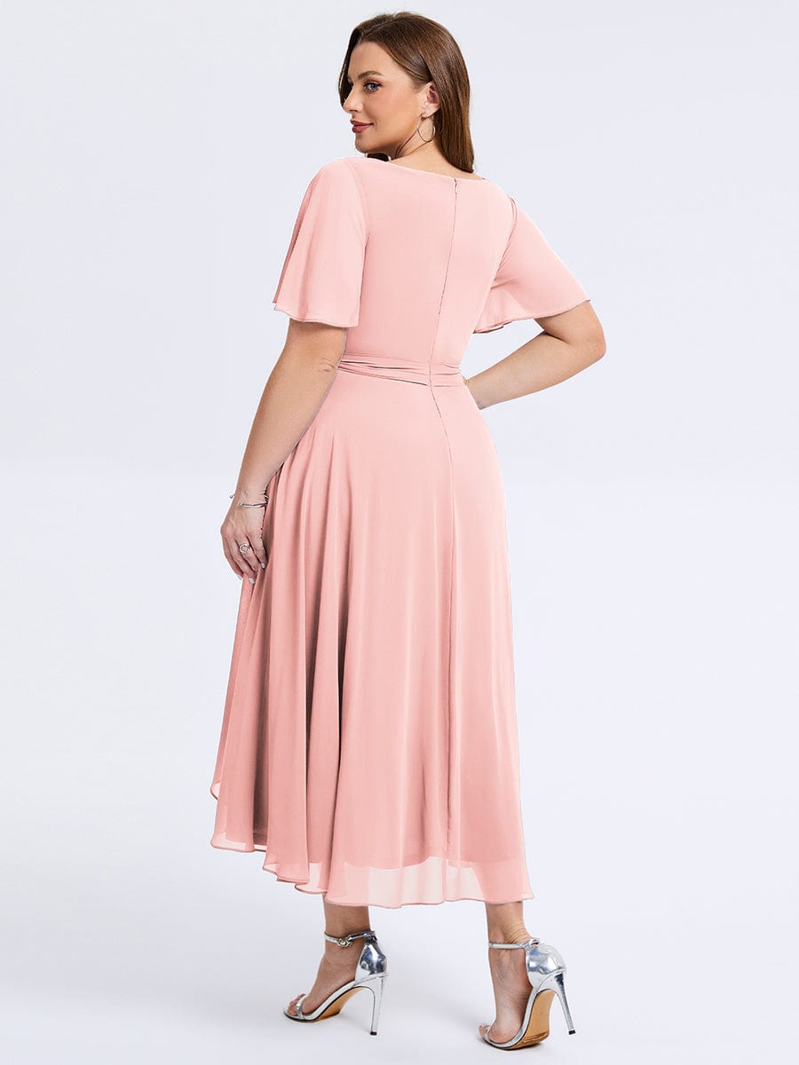 Robe d'invité de mariage trapèze en mousseline fluide à encolure ronde et longueur au genou #Couleur_Rose