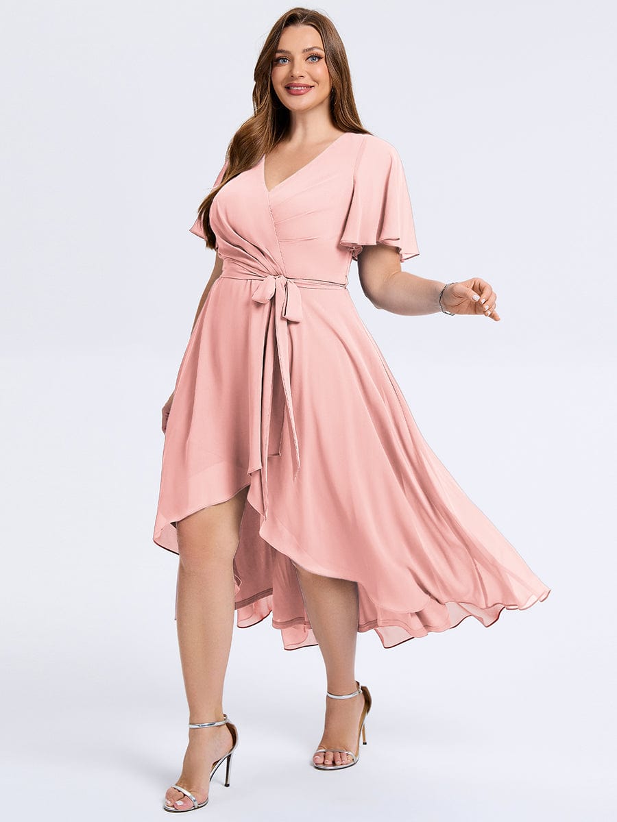 Robe d'invité de mariage trapèze en mousseline fluide à encolure ronde et longueur au genou #Couleur_Rose