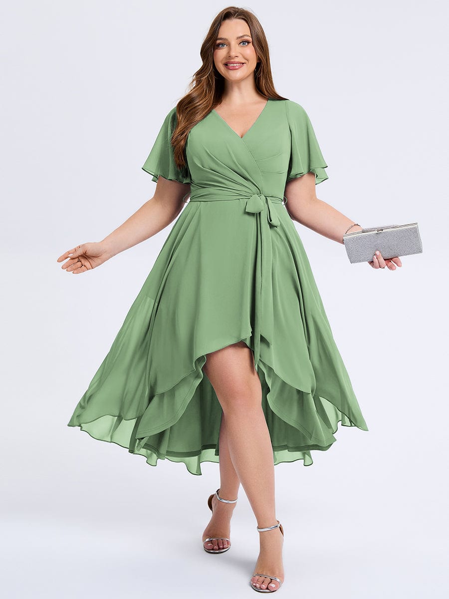 Robe d'invité de mariage trapèze en mousseline fluide à encolure ronde et longueur au genou #Couleur_Vert sauge
