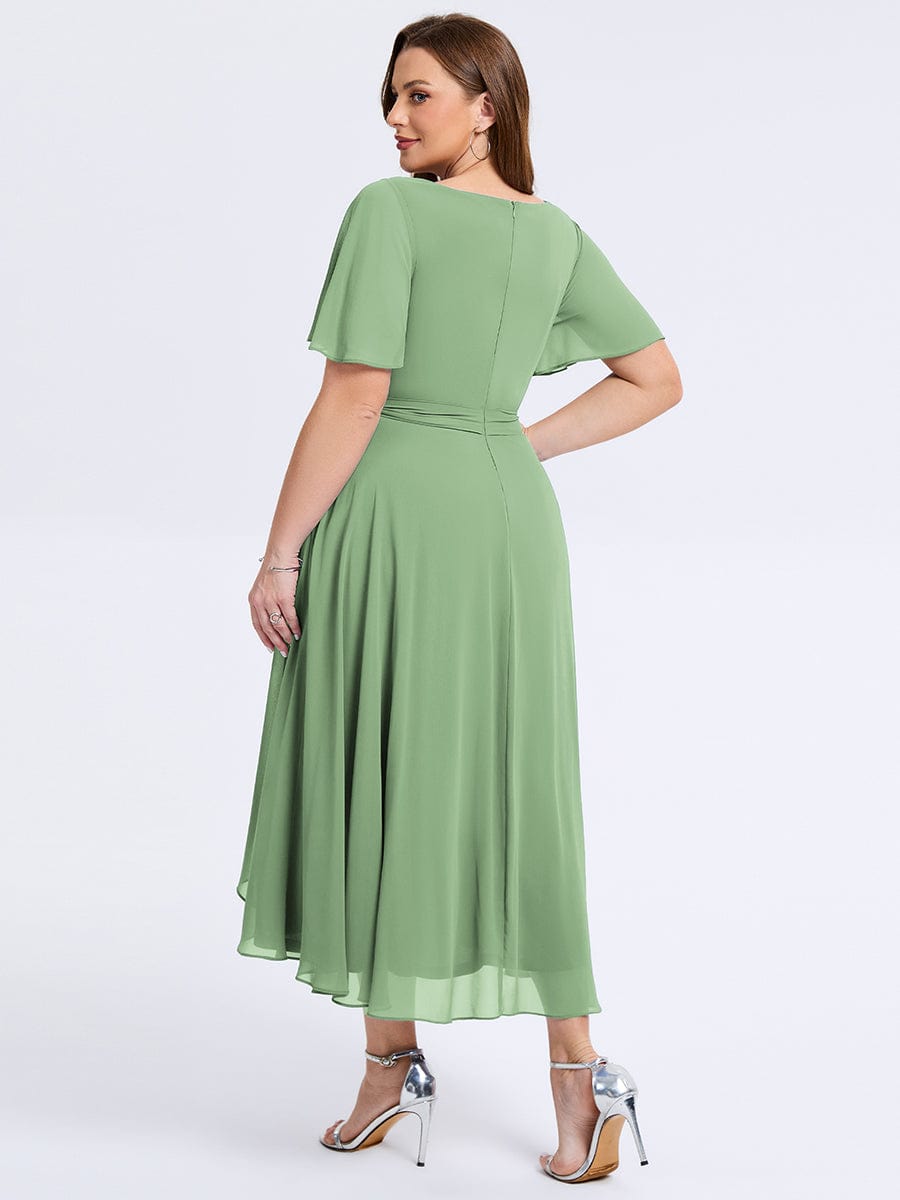 Robe d'invité de mariage trapèze en mousseline fluide à encolure ronde et longueur au genou #Couleur_Vert sauge