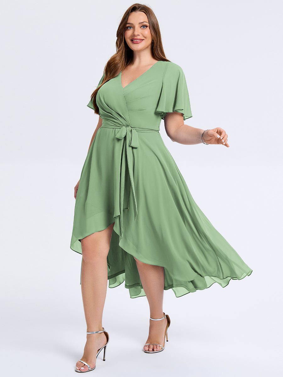 Robe d'invité de mariage trapèze en mousseline fluide à encolure ronde et longueur au genou #Couleur_Vert sauge