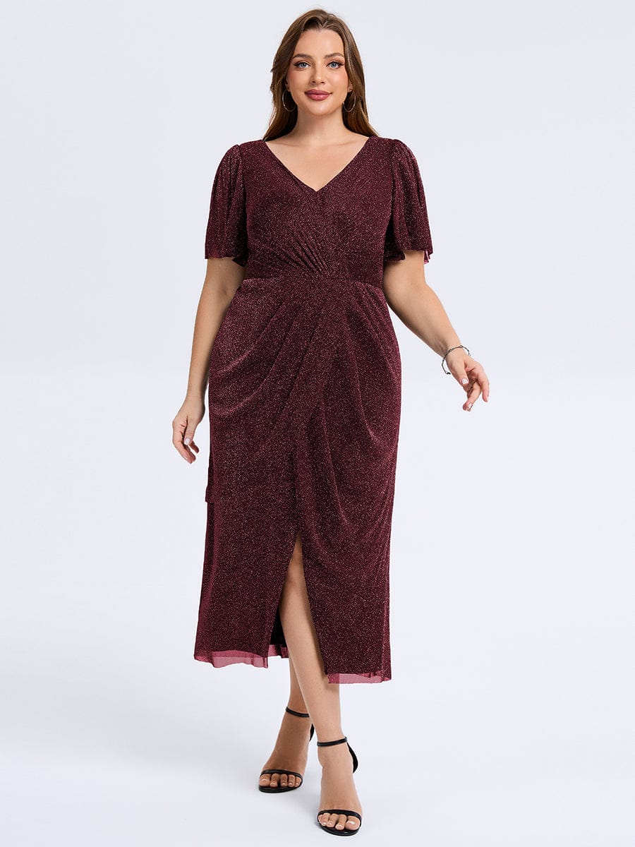Robe d'invité de mariage trapèze en mousseline fluide à encolure ronde et longueur au genou #Couleur_Bordeaux