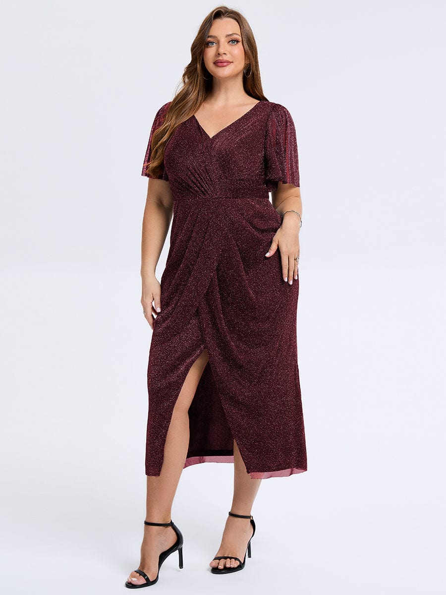 Robe d'invité de mariage trapèze en mousseline fluide à encolure ronde et longueur au genou #Couleur_Bordeaux