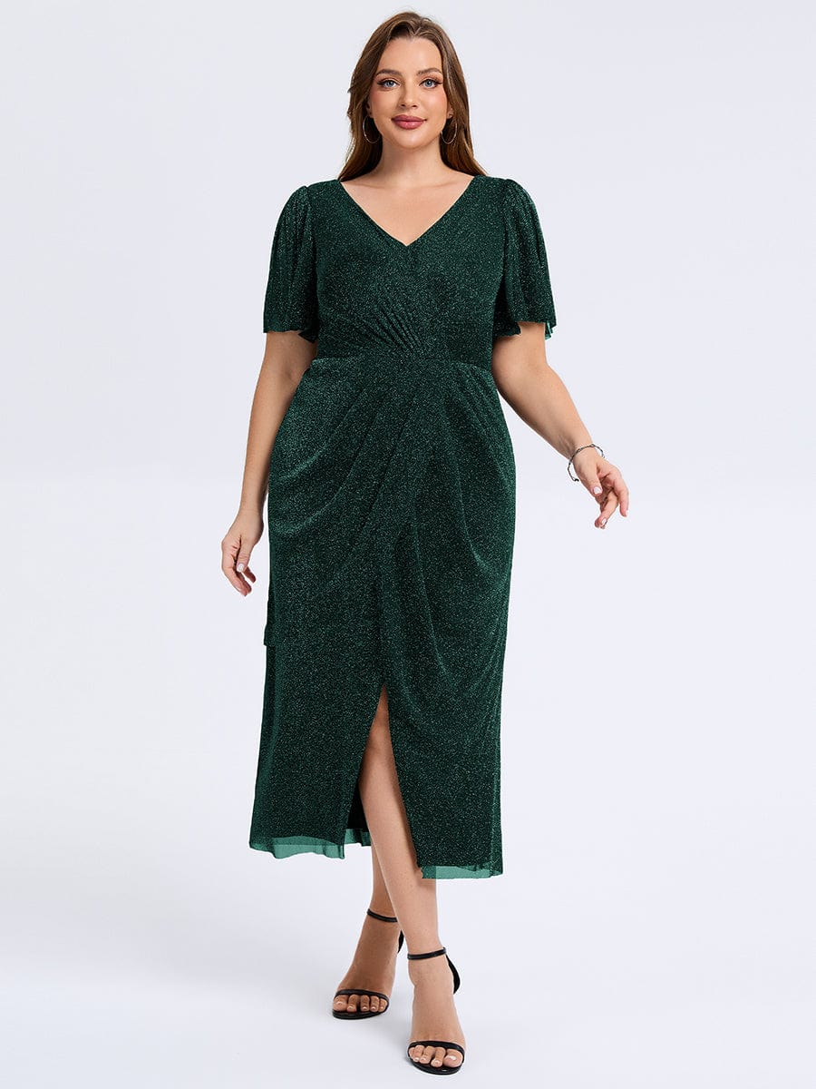 Robe d'invité de mariage trapèze en mousseline fluide à encolure ronde et longueur au genou #Couleur_Vert Fonce