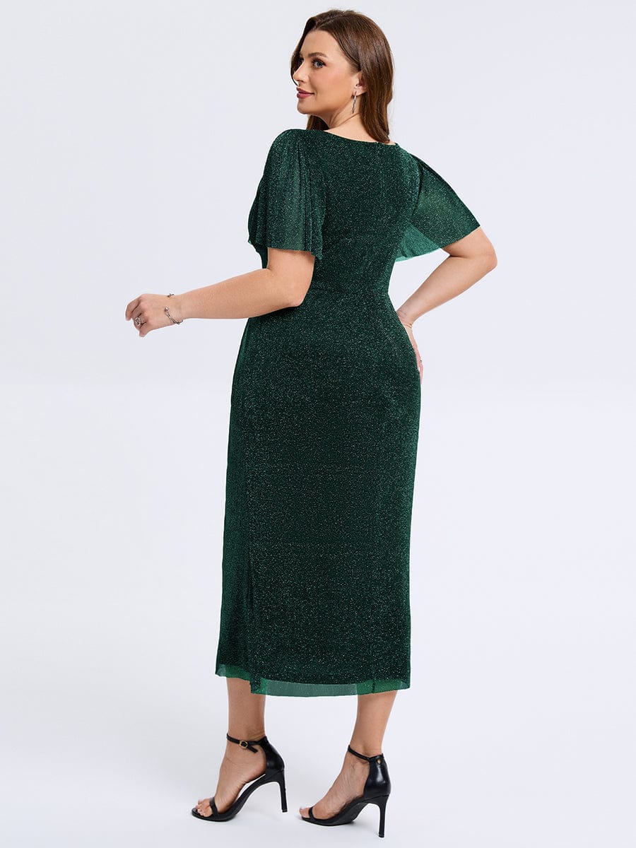 Robe d'invité de mariage trapèze en mousseline fluide à encolure ronde et longueur au genou #Couleur_Vert Fonce