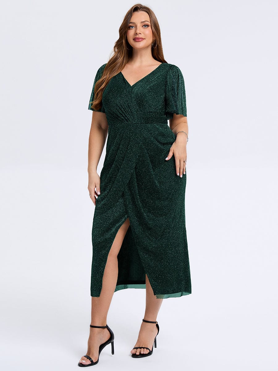 Robe d'invité de mariage trapèze en mousseline fluide à encolure ronde et longueur au genou #Couleur_Vert Fonce