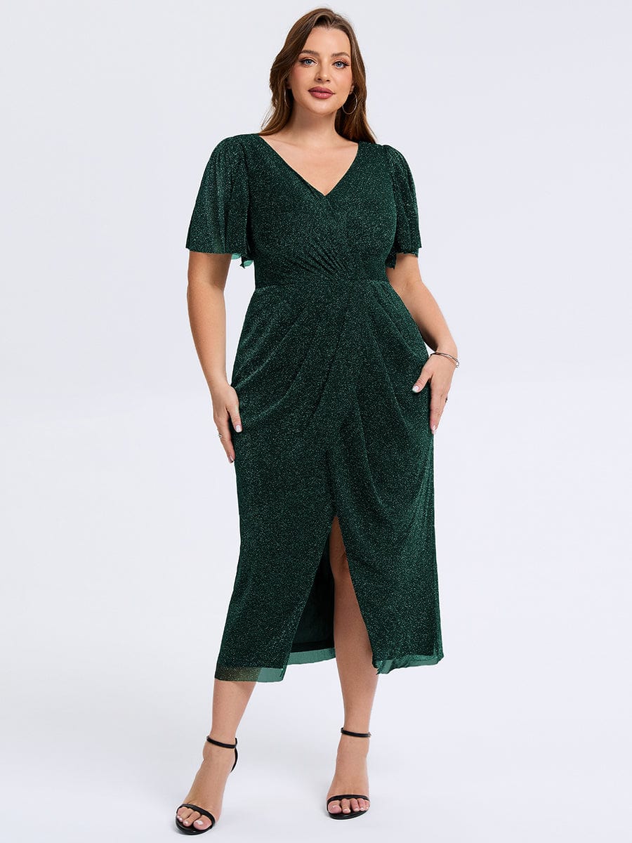 Robe d'invité de mariage trapèze en mousseline fluide à encolure ronde et longueur au genou #Couleur_Vert Fonce