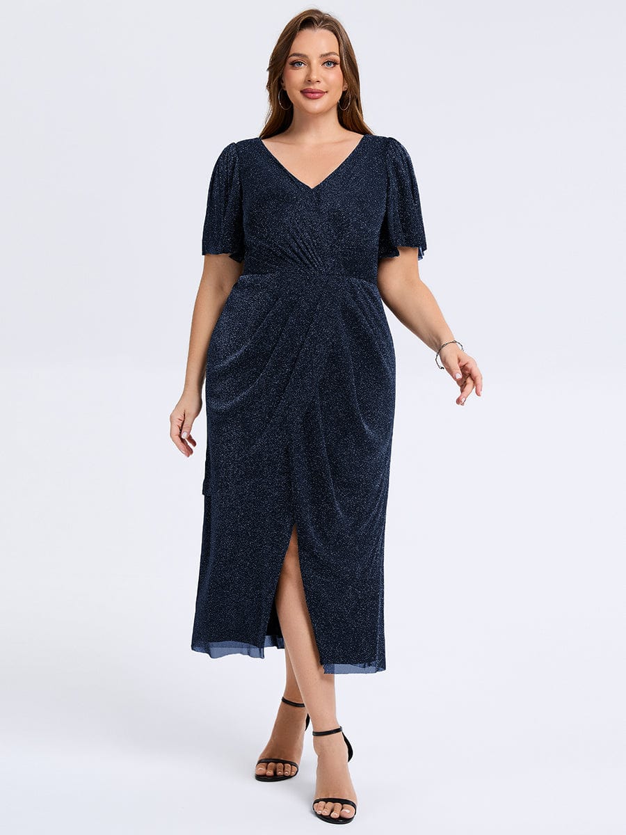Robe d'invité de mariage trapèze en mousseline fluide à encolure ronde et longueur au genou #Couleur_Bleu Marine