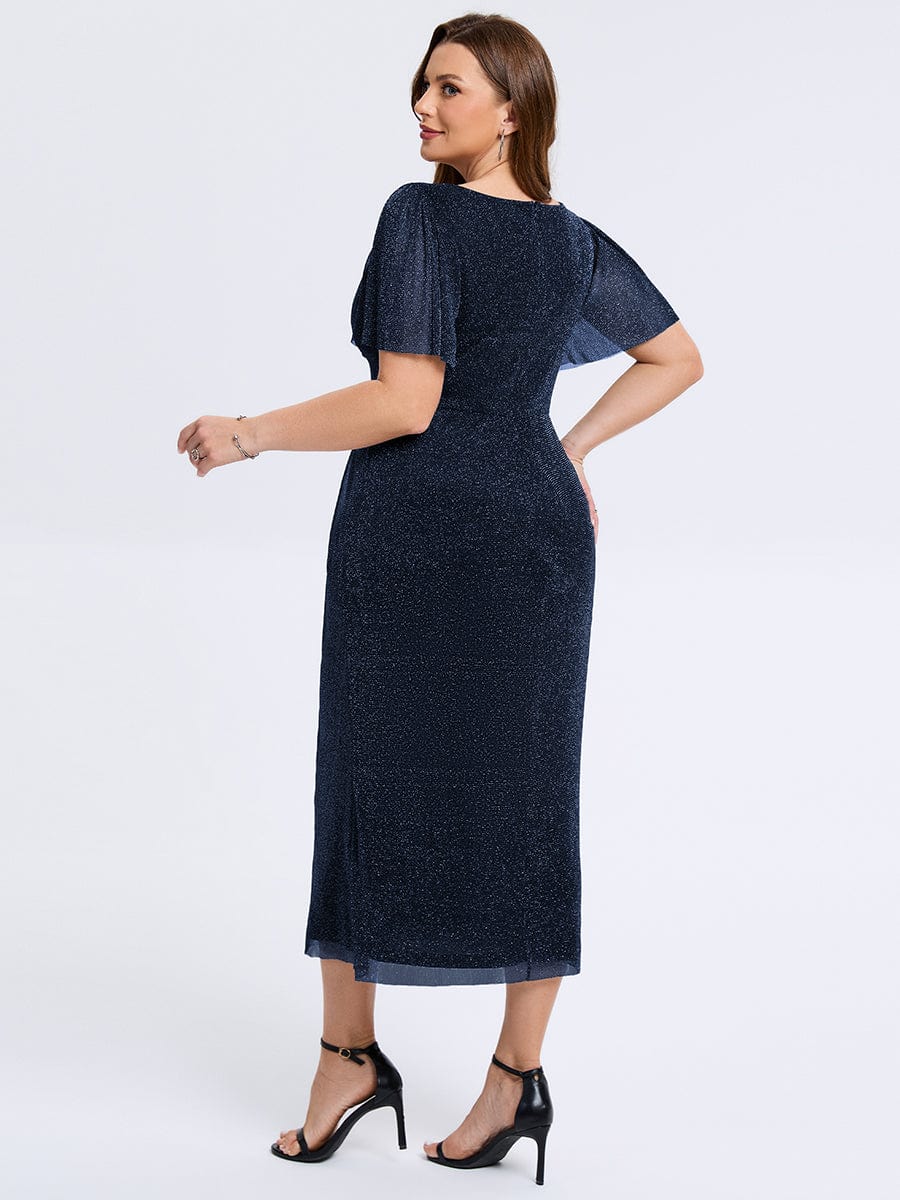 Robe d'invité de mariage trapèze en mousseline fluide à encolure ronde et longueur au genou #Couleur_Bleu Marine