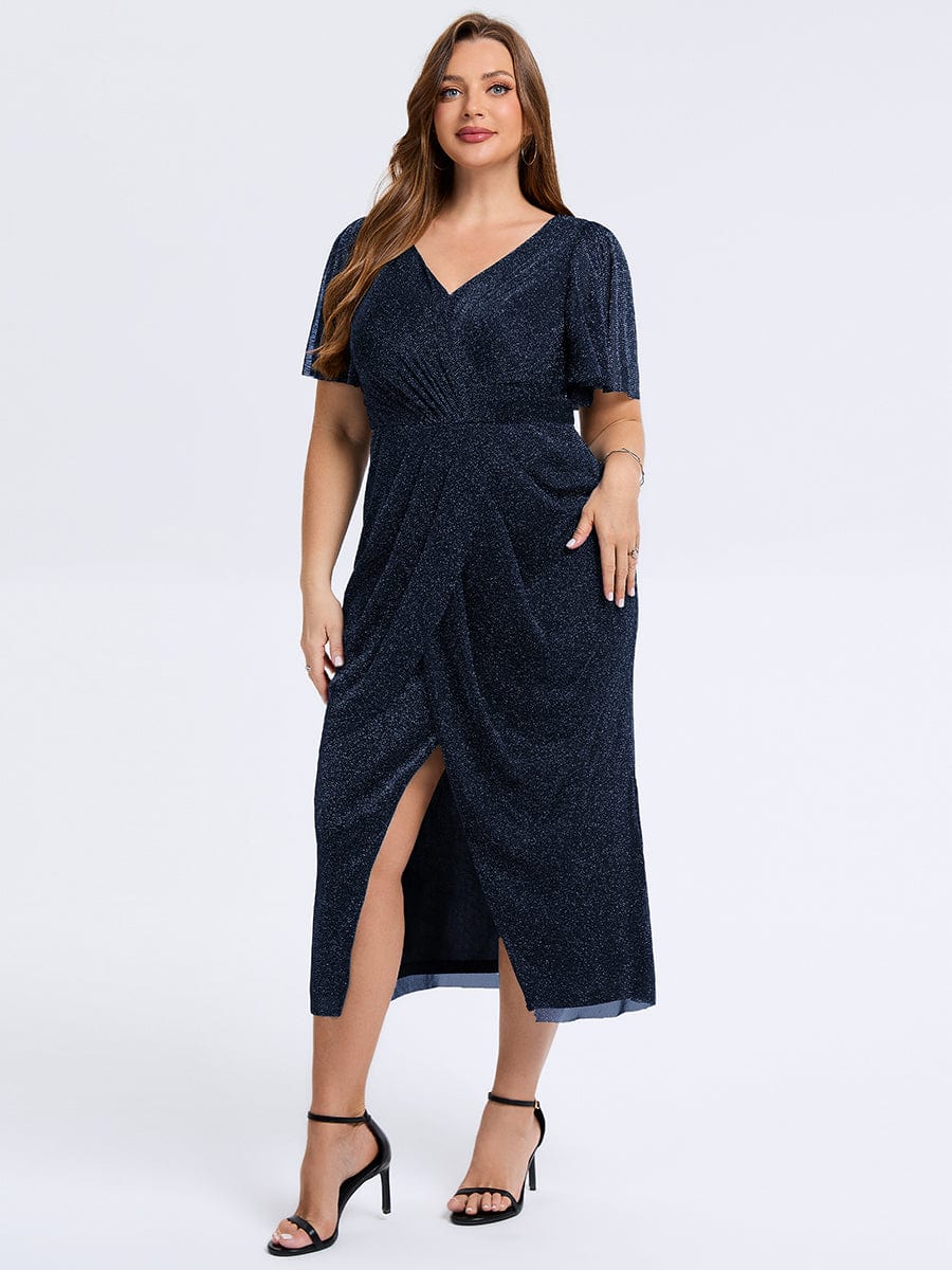 Robe d'invité de mariage trapèze en mousseline fluide à encolure ronde et longueur au genou #Couleur_Bleu Marine
