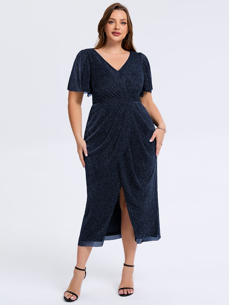 Robe d'invité de mariage trapèze en mousseline fluide à encolure ronde et longueur au genou #Couleur_Bleu Marine