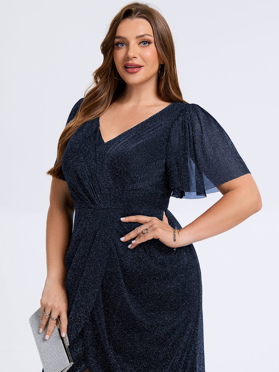Robe d'invité de mariage trapèze en mousseline fluide à encolure ronde et longueur au genou #Couleur_Bleu Marine