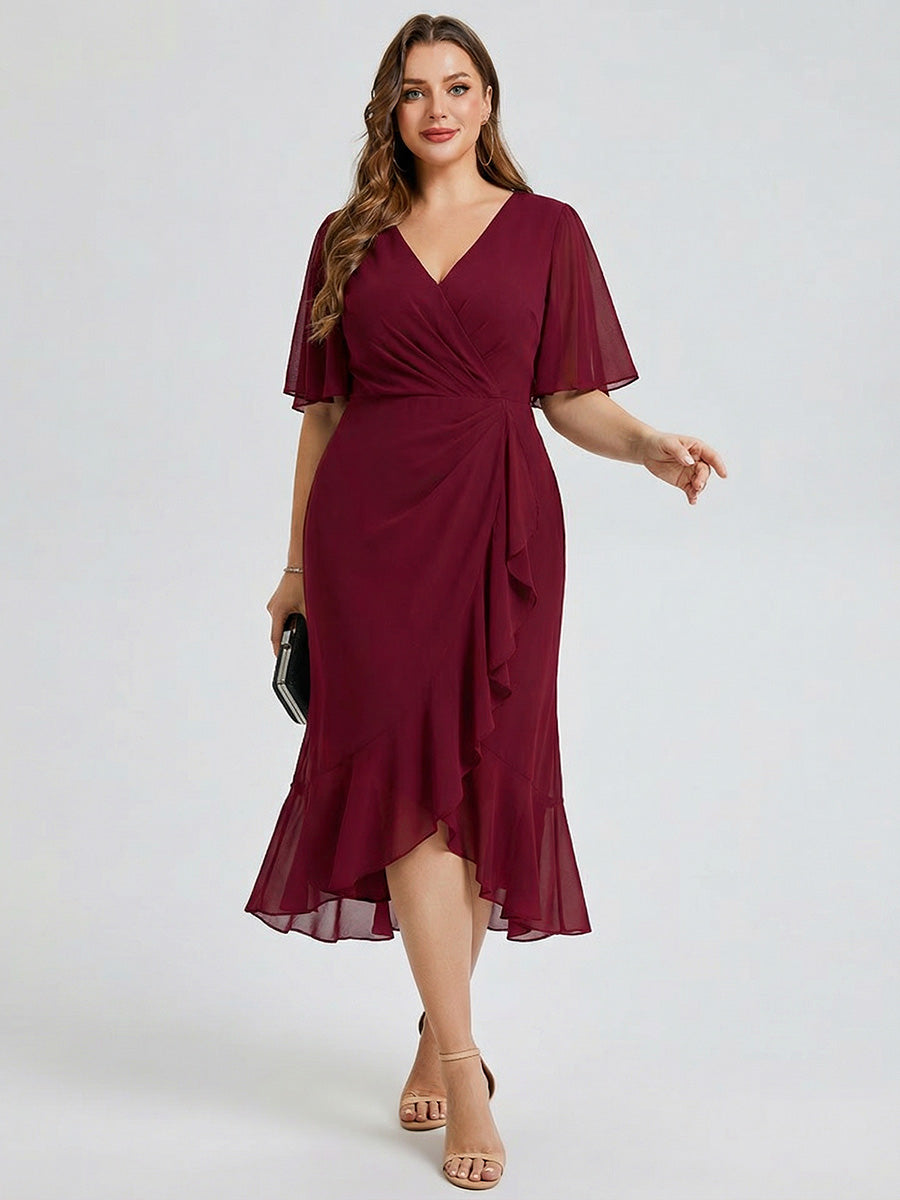 Robe d'invité de mariage trapèze en mousseline fluide à encolure ronde et longueur au genou #Couleur_Bordeaux
