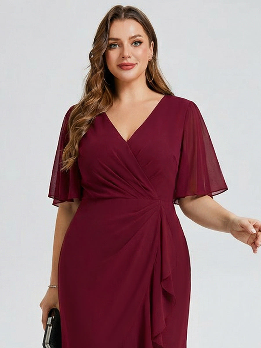 Robe d'invité de mariage trapèze en mousseline fluide à encolure ronde et longueur au genou #Couleur_Bordeaux
