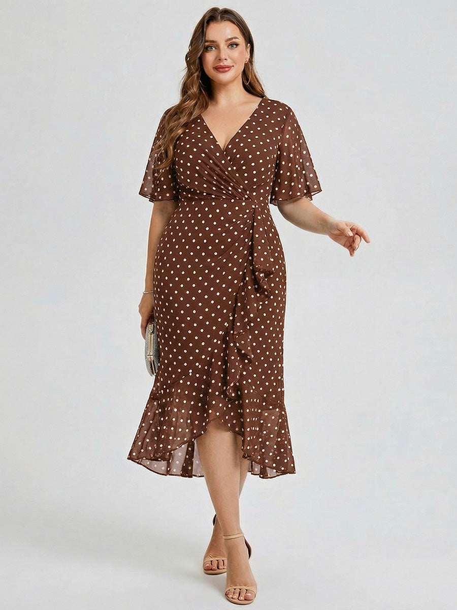 Robe d'invité de mariage trapèze en mousseline fluide à encolure ronde et longueur au genou #Couleur_Pois Marrons