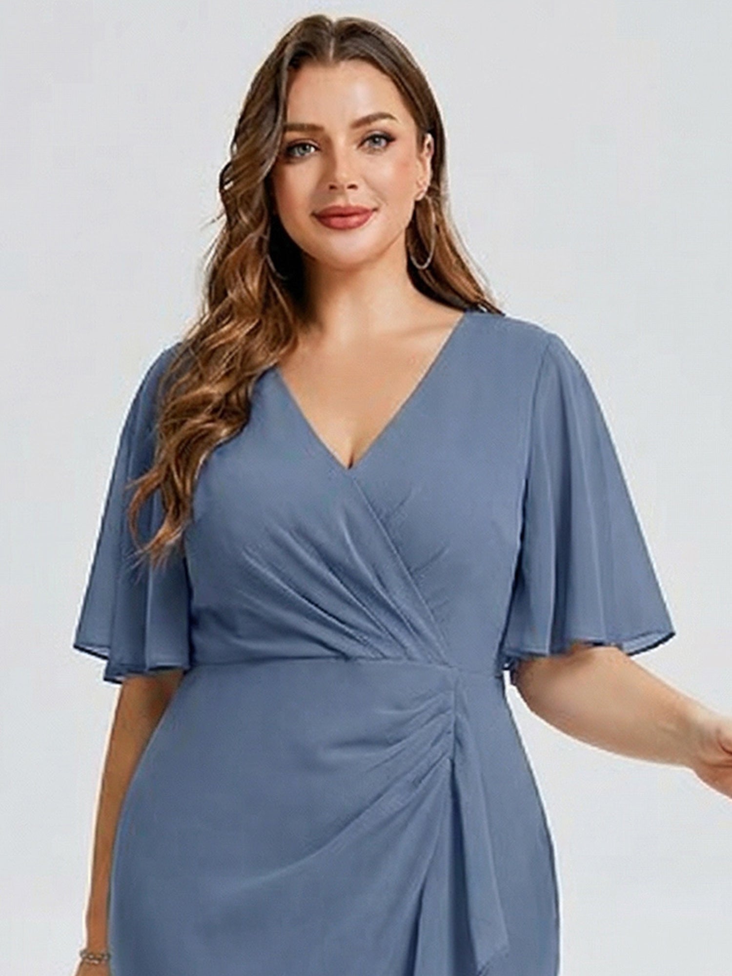 Robe d'invité de mariage trapèze en mousseline fluide à encolure ronde et longueur au genou #Couleur_Marine Fume