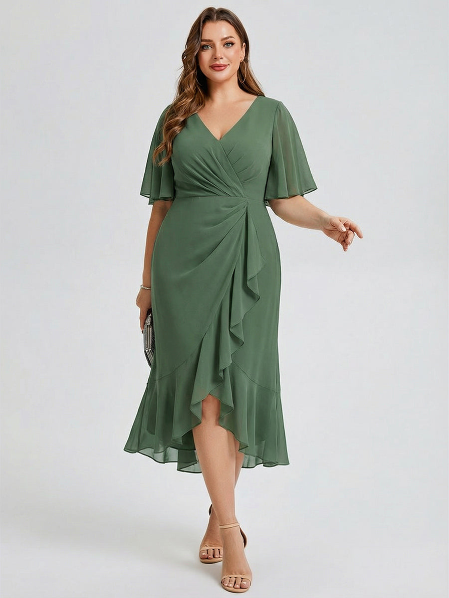 Robe d'invité de mariage trapèze en mousseline fluide à encolure ronde et longueur au genou #Couleur_Eukalyptus Grün