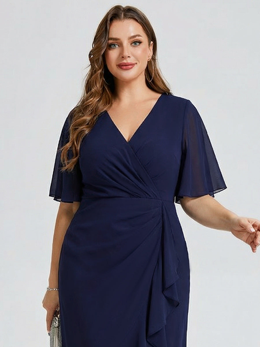 Robe d'invité de mariage trapèze en mousseline fluide à encolure ronde et longueur au genou #Couleur_Bleu Marine