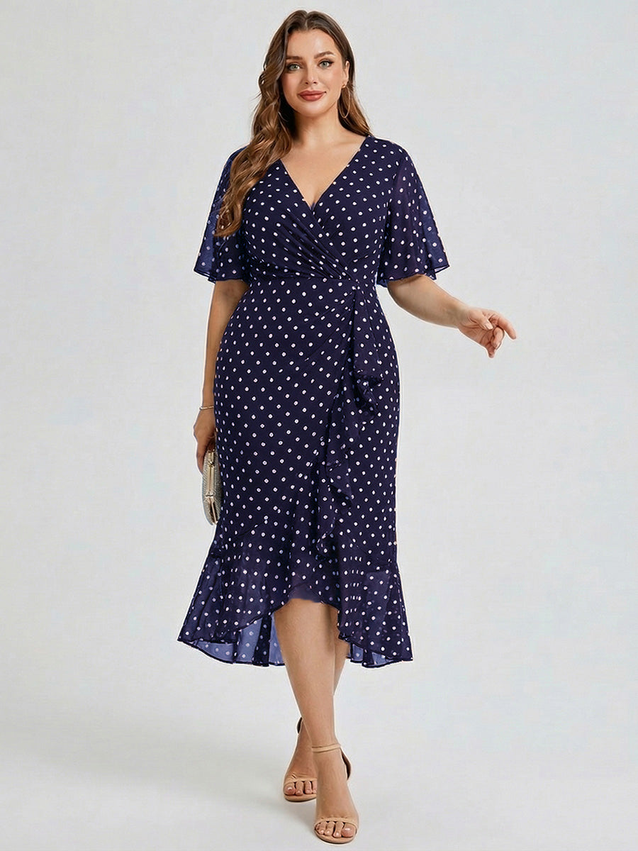 Robe d'invité de mariage trapèze en mousseline fluide à encolure ronde et longueur au genou #Couleur_Pois Noirs