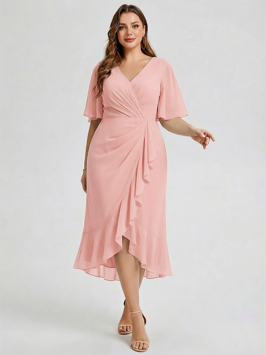 Robe d'invité de mariage trapèze en mousseline fluide à encolure ronde et longueur au genou #Couleur_Rose