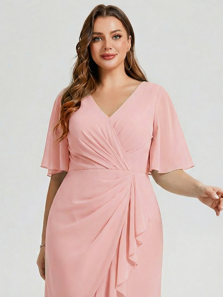 Robe d'invité de mariage trapèze en mousseline fluide à encolure ronde et longueur au genou #Couleur_Rose