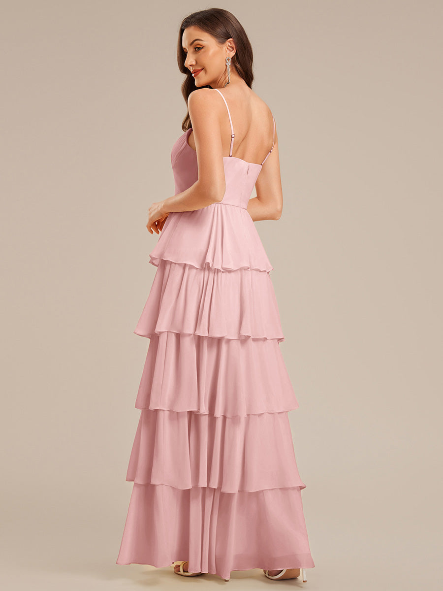 Robe d'invitée de mariage sans manches en mousseline à volants #Couleur_Rose fumee