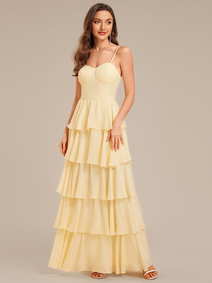 Robe d'invité de mariage trapèze en mousseline fluide à encolure ronde et longueur au genou #Couleur_Jaune