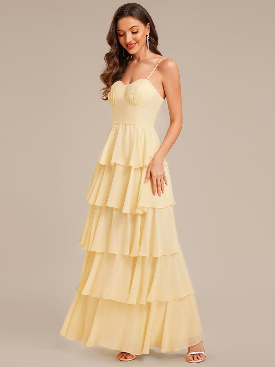Robe d'invité de mariage trapèze en mousseline fluide à encolure ronde et longueur au genou #Couleur_Jaune