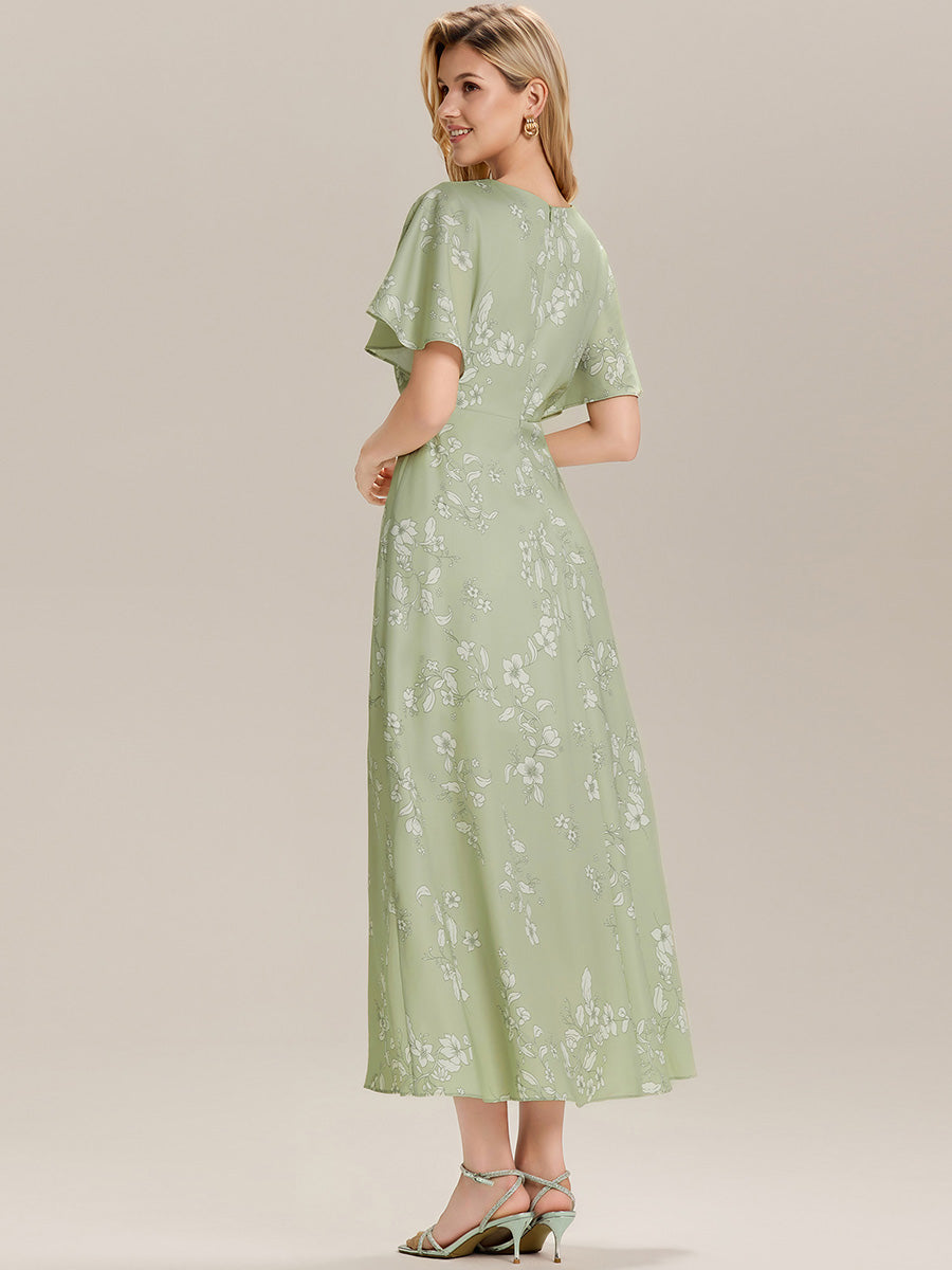 Robe maxi imprimée à manches courtes décolleté pour invité #Couleur_Céladon Primevère Vintage