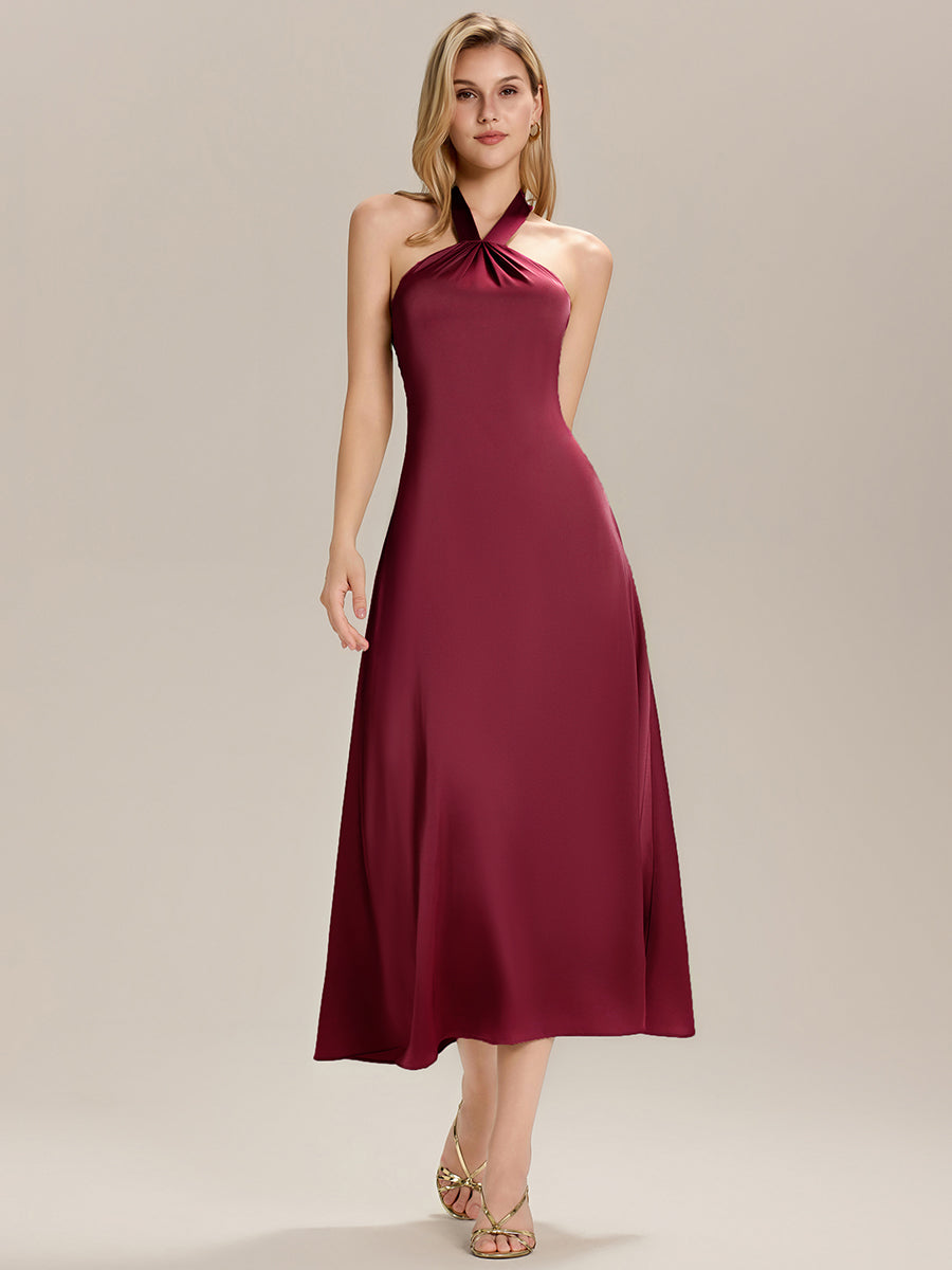 Robe maxi sans manches à col halter avec ruban #Couleur_Bordeaux
