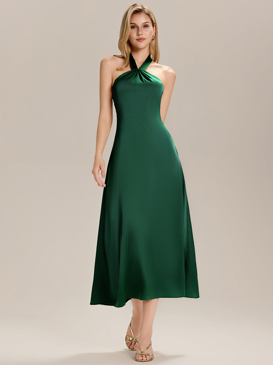 Robe maxi sans manches à col halter avec ruban  #Couleur_Vert Fonce
