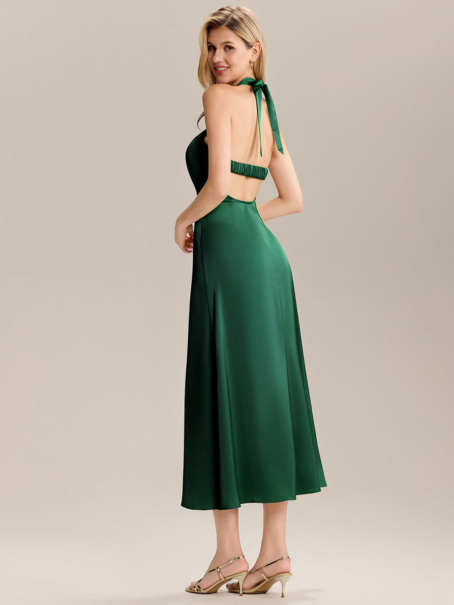 Robe maxi sans manches à col halter avec ruban  #Couleur_Vert Fonce