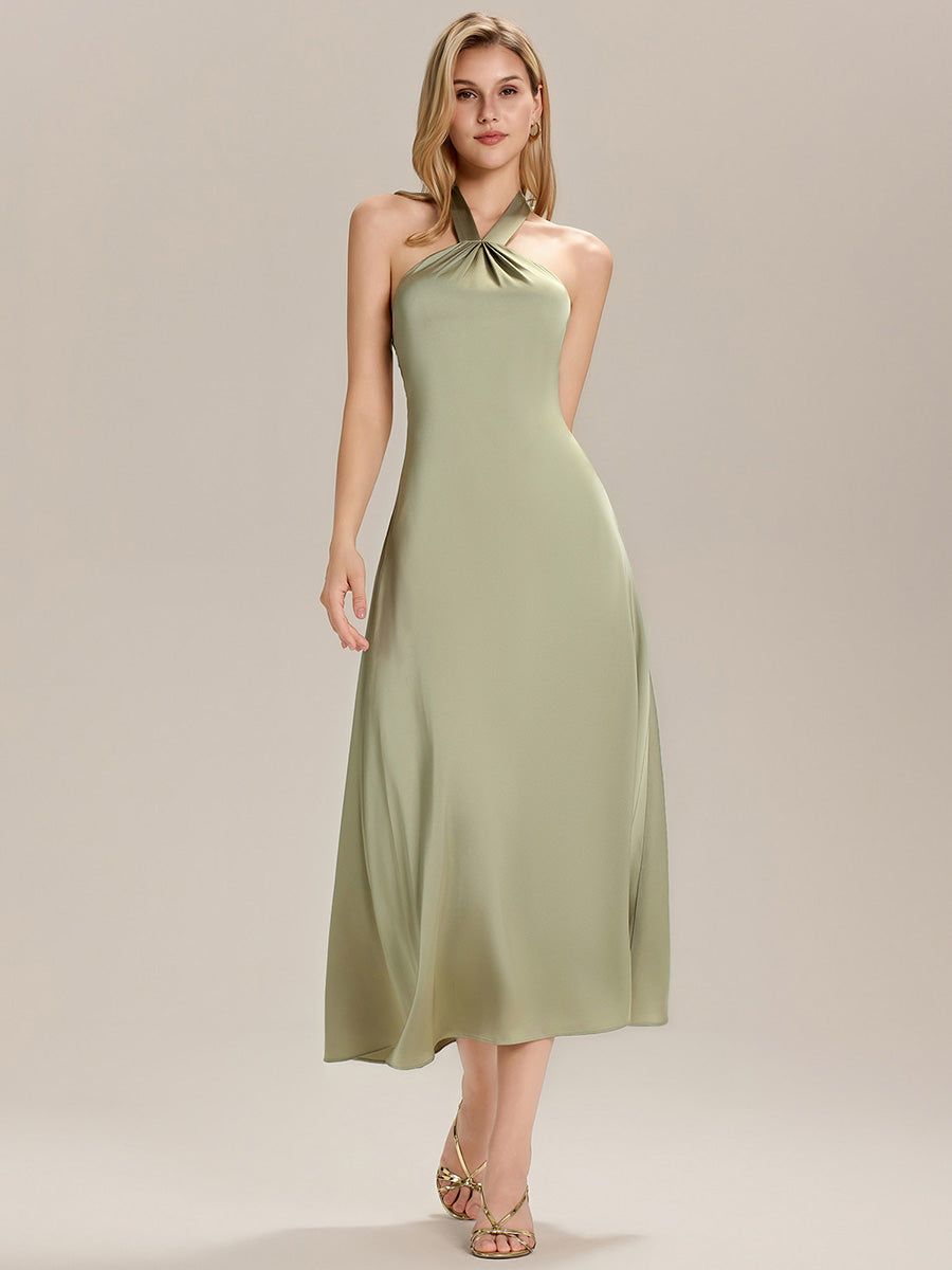 Robe maxi sans manches à col halter avec ruban #Couleur_Vert sauge