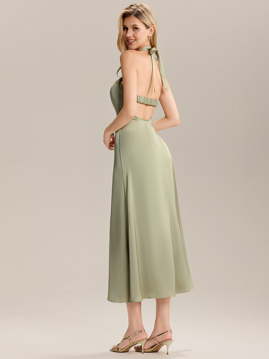 Robe maxi sans manches à col halter avec ruban #Couleur_Vert sauge