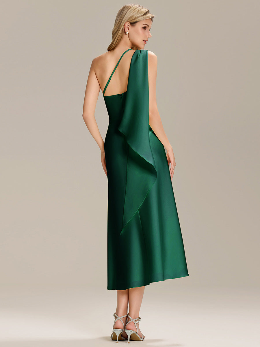 Robe midi asymétrique sans manches drapée #Couleur_Vert Fonce