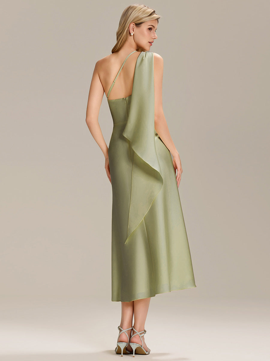 Robe midi asymétrique sans manches drapée #Couleur_Vert sauge