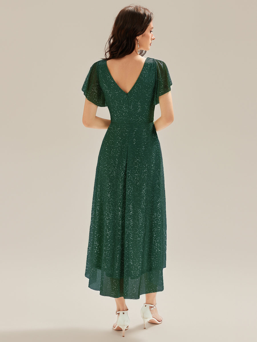 Robe A-Line à volants paillettes manches courtes #Couleur_Vert Fonce