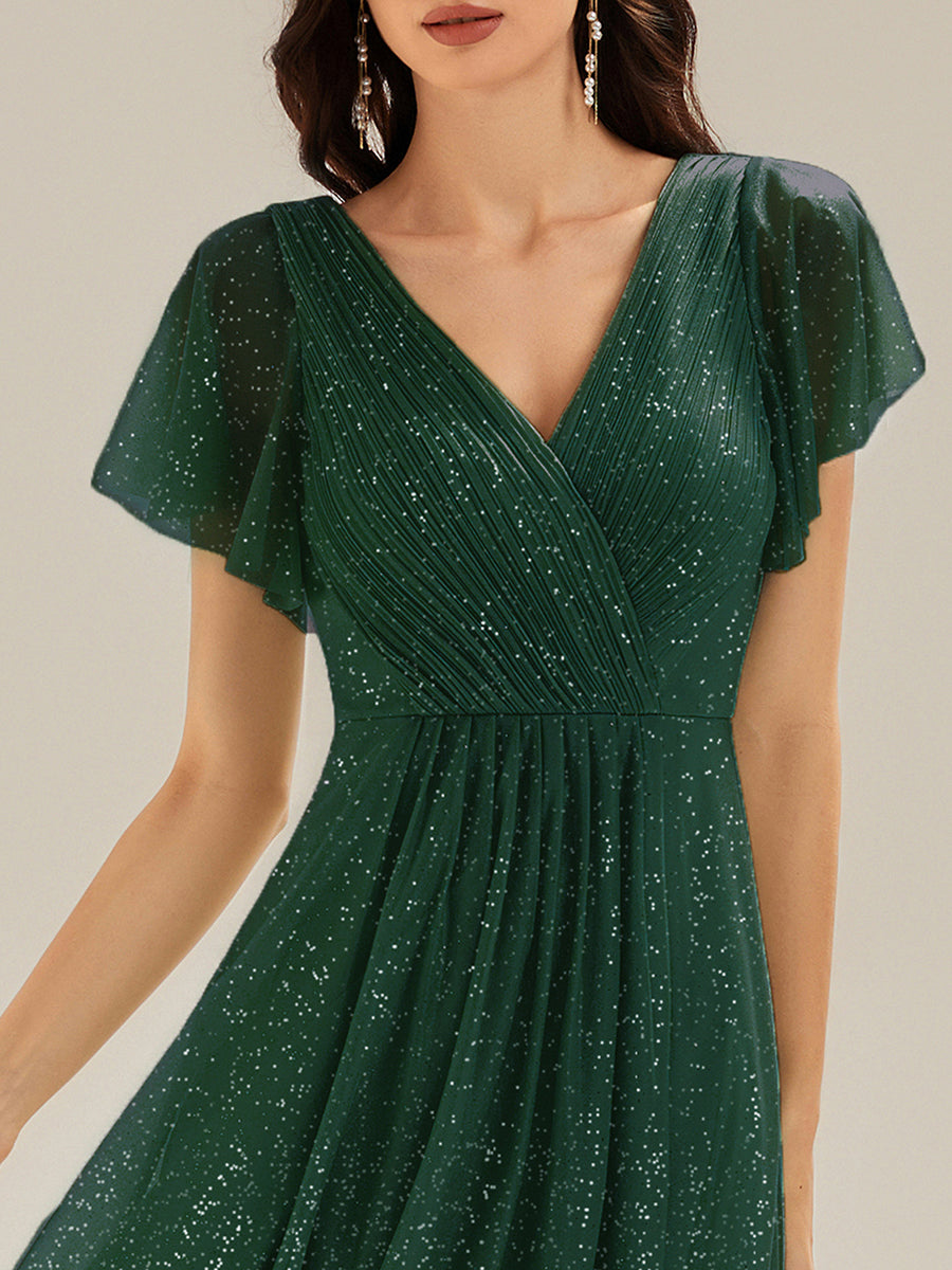 Robe A-Line à volants paillettes manches courtes #Couleur_Vert Fonce