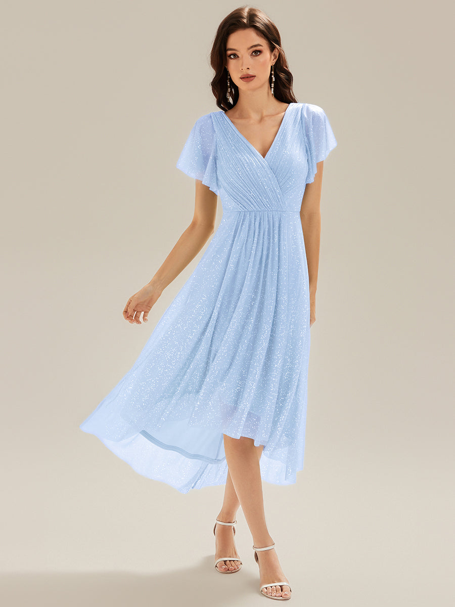 Robe A-Line à volants paillettes manches courtes #Couleur_Bleu Glace