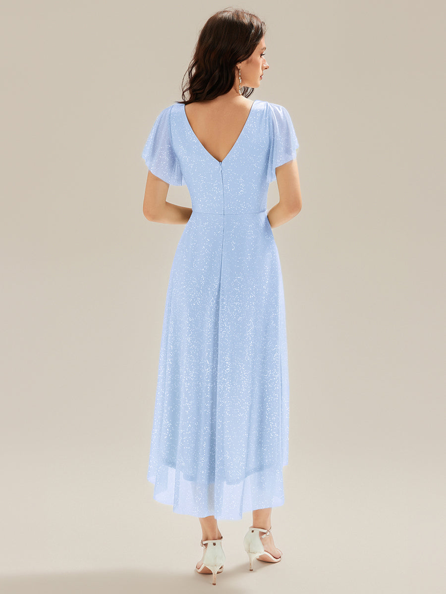 Robe A-Line à volants paillettes manches courtes #Couleur_Bleu Glace