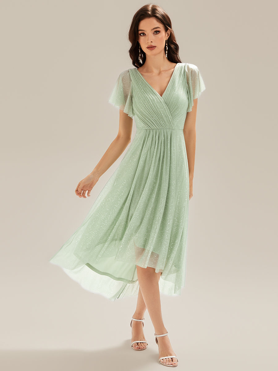 Robe A-Line à volants paillettes manches courtes #Couleur_Menthe Verte