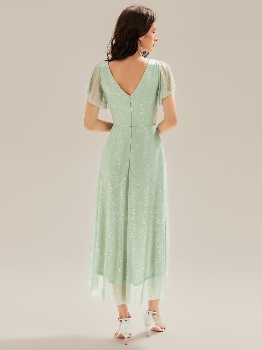 Robe A-Line à volants paillettes manches courtes #Couleur_Menthe Verte
