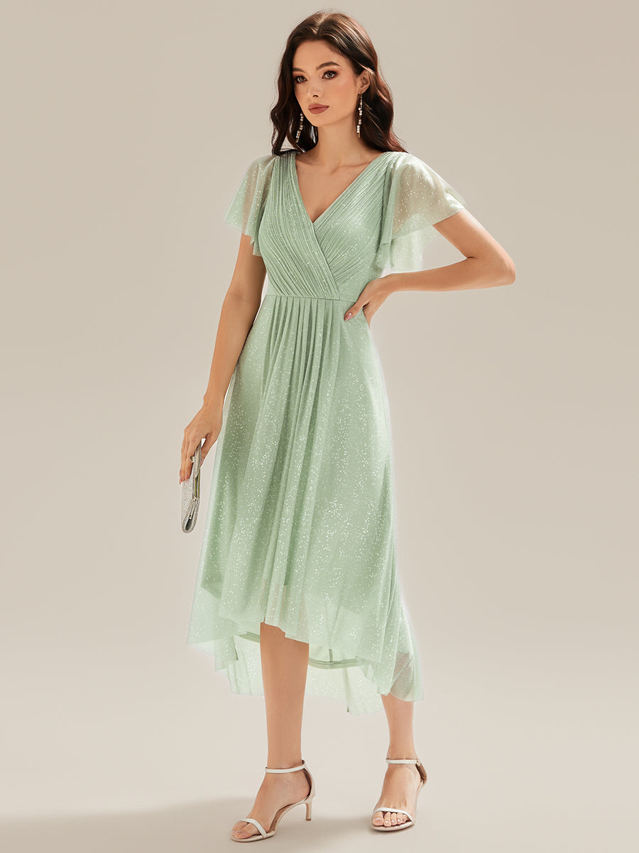 Robe A-Line à volants paillettes manches courtes #Couleur_Menthe Verte