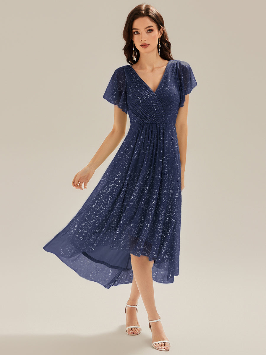 Robe A-Line à volants paillettes manches courtes #Couleur_Bleu Marine