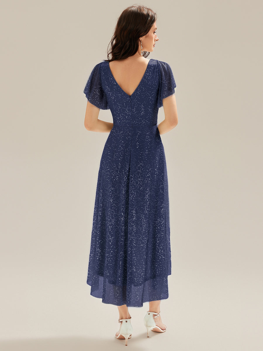 Robe A-Line à volants paillettes manches courtes #Couleur_Bleu Marine