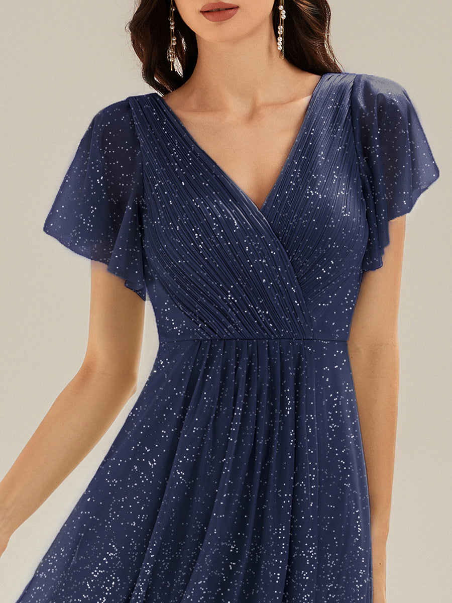 Robe A-Line à volants paillettes manches courtes #Couleur_Bleu Marine