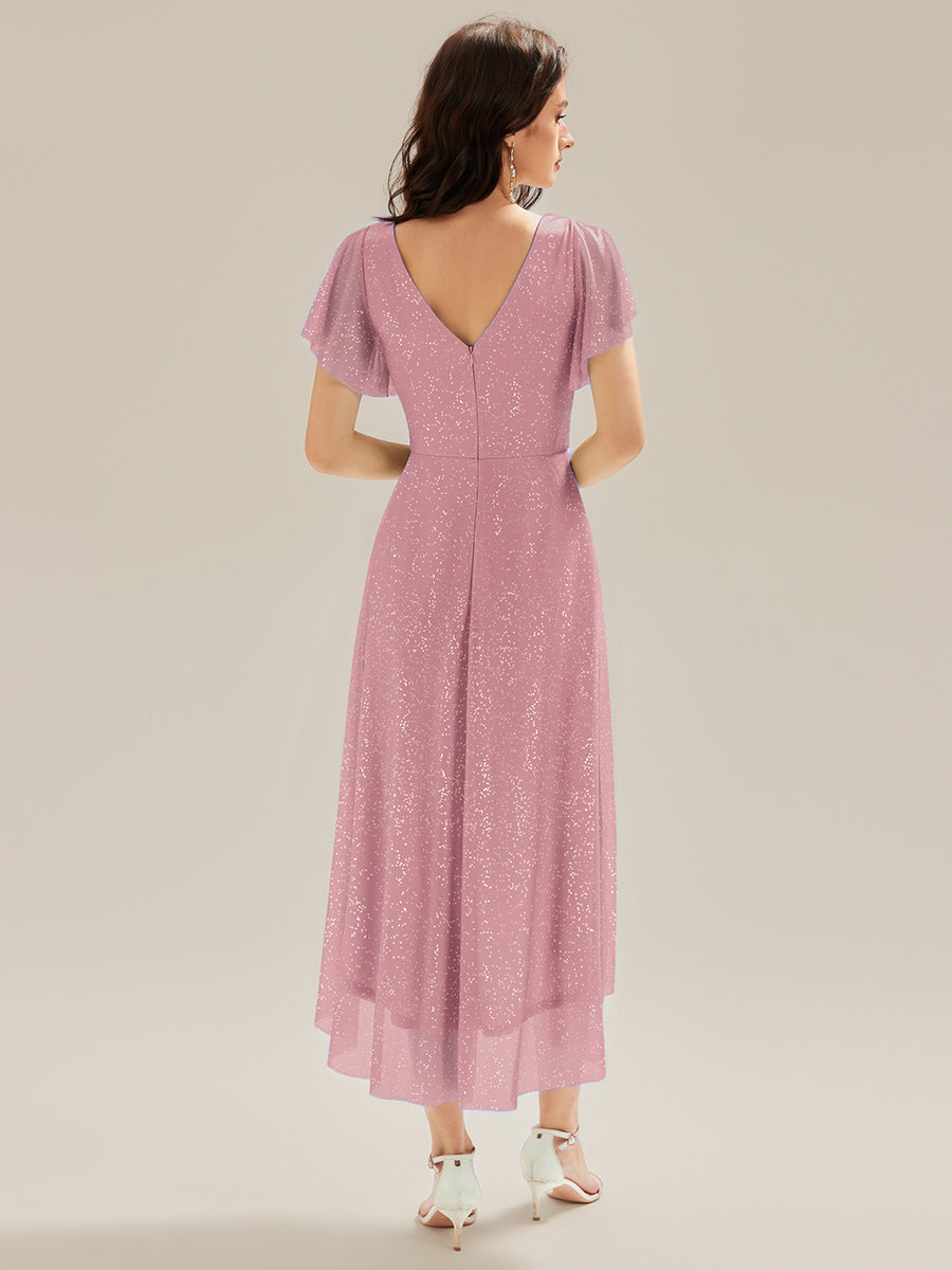 Robe A-Line à volants paillettes manches courtes #Couleur_Orchidee