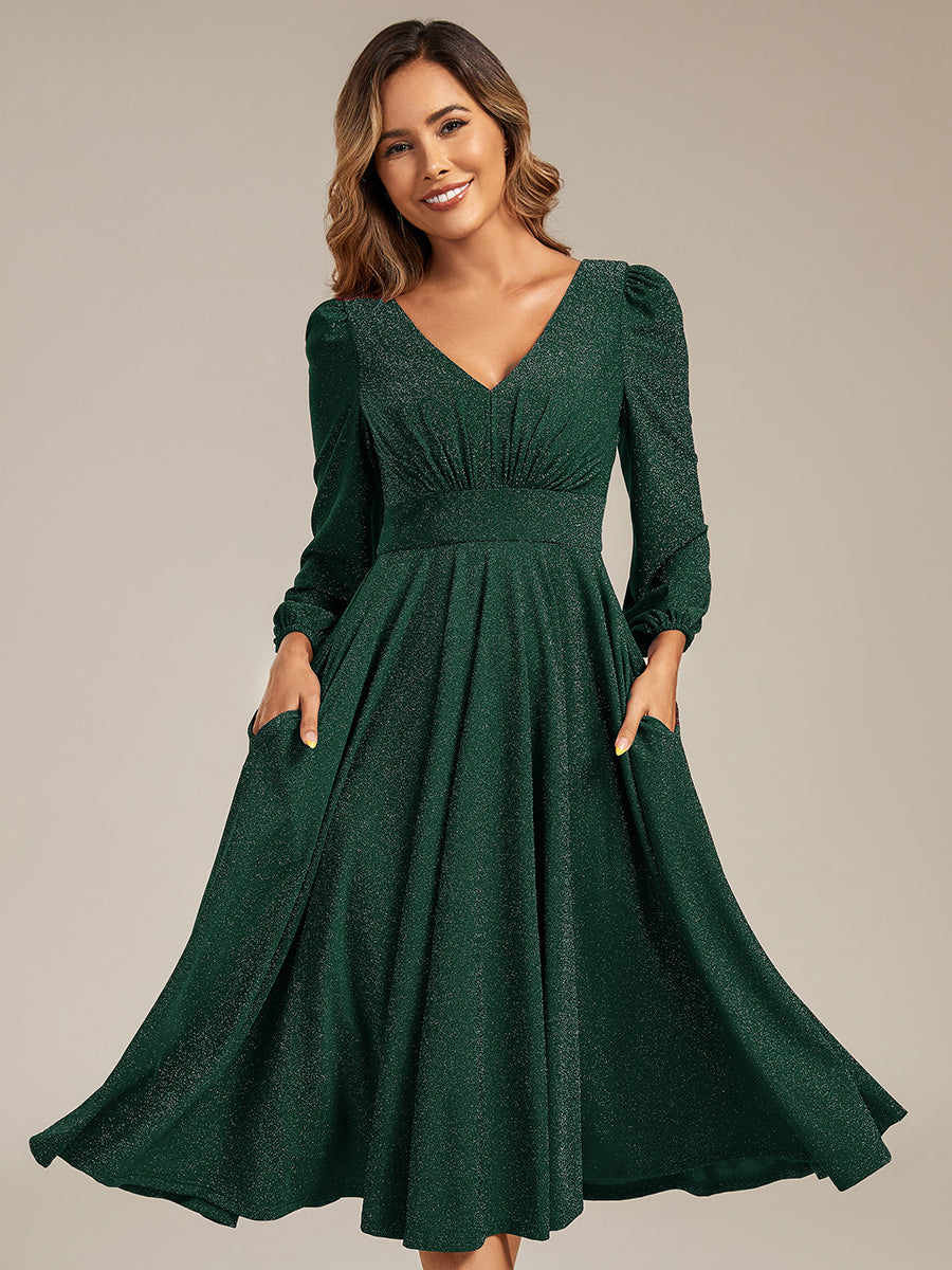 Robe d'invité mi-longue à manches longues lanternes #Couleur_Vert Fonce