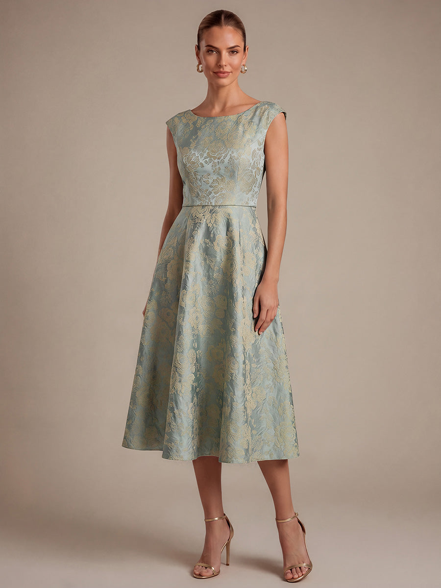 robe midi ¨¦vas¨¦e ¨¤ manches courtes imprim¨¦e avec col rond et fermeture ¨¦clair au dos #Couleur_Bleu ciel/Or